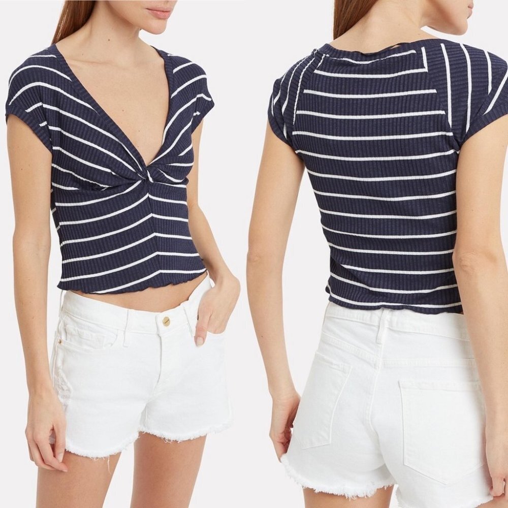 Alc Sabina Blue Striped Crop Top V-Neck White Size XS Stretch Cap Sleeves Tee
